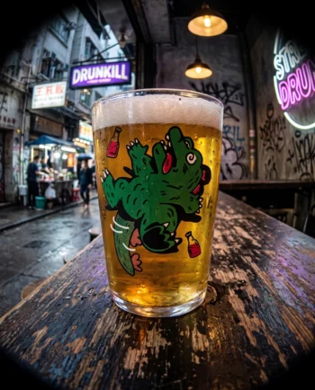 Vaso de cristal 500 ml con ilustración Drunkzilla en serigrafía, diseño original ChimChim