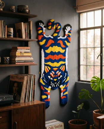 Tapete tufting Tigre Pachón Azul 100x50 cm hecho a mano, silueta de tigre en azul cobalto con rayas naranja y amarillo, pieza 46 ChimChim México