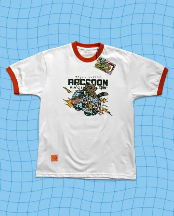 Playera Raccoon Racing Club ChimChim empacada en bolsa con logo ChimChim.club, hecha en México