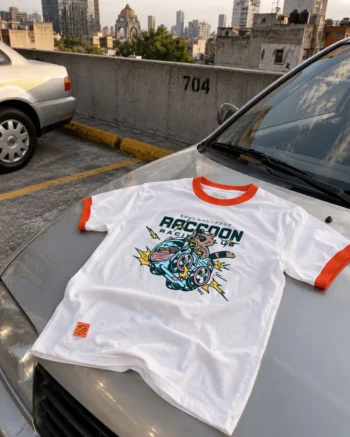 Playera Raccoon Racing Club ChimChim empacada en bolsa con logo ChimChim.club, hecha en México